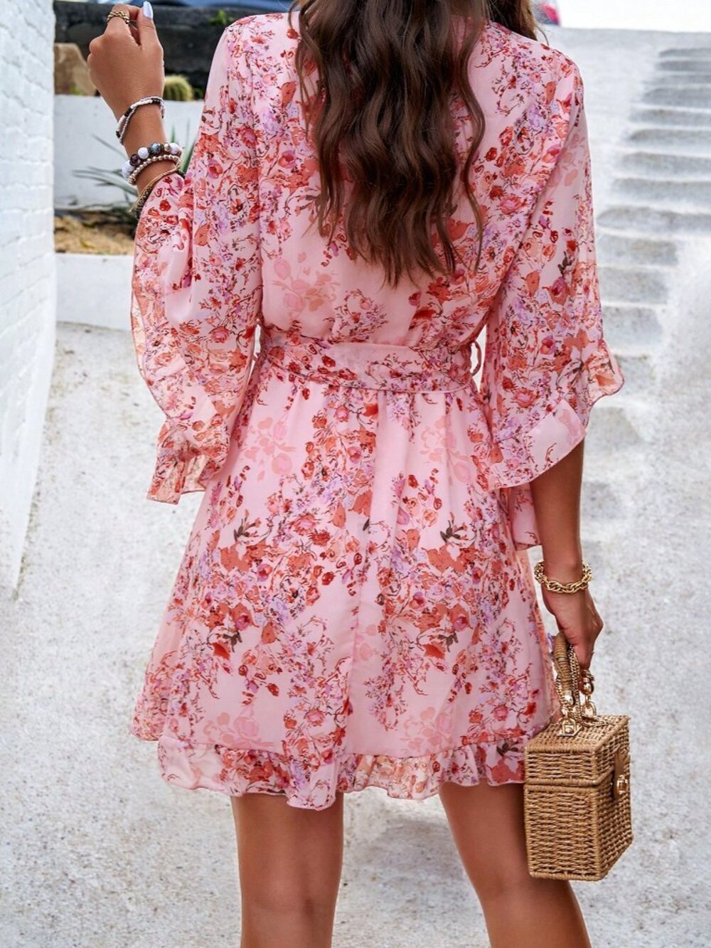 Pink Boho Women's Mini Dress with Bell Sleeves and Waist Belt - Picture 2 of 6